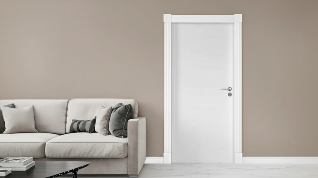 Imagem de parede de sala de estar com fundo terroso e aplicação de sócalos e rosetas na porta.