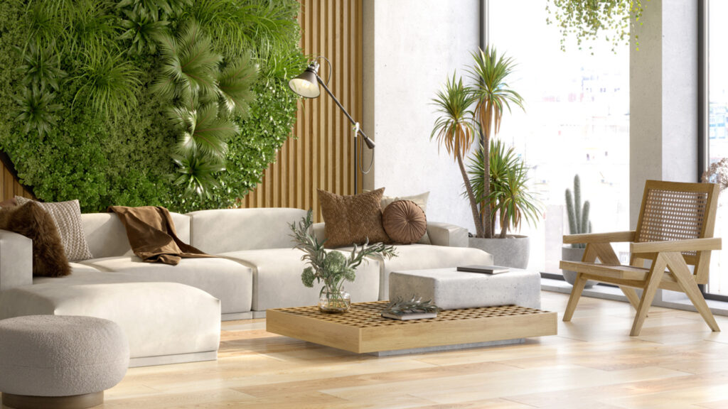 aplicação de design biofílico em parede de sala de estar