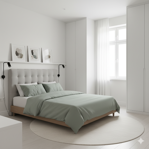 Aplicação 60-30-10 em quarto minimalista.